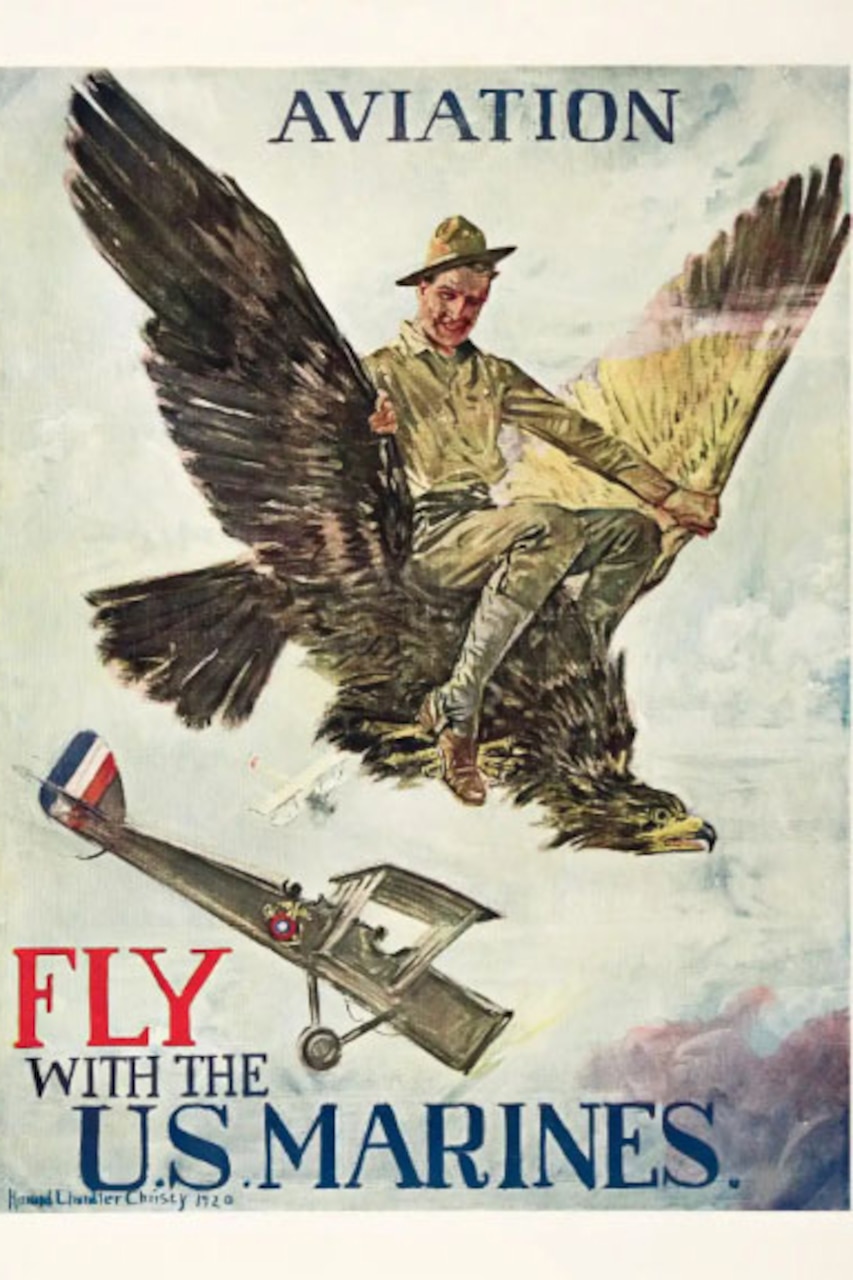 A Marine rides an eagle in flight, while a biplane flies beneath them.