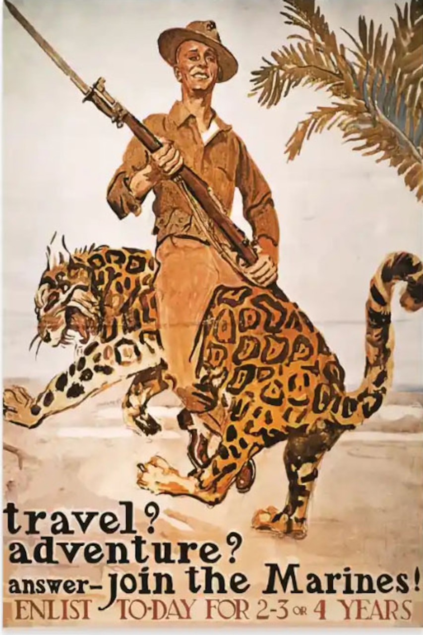 A Marine with rifle rides backward on a snarling jaguar.