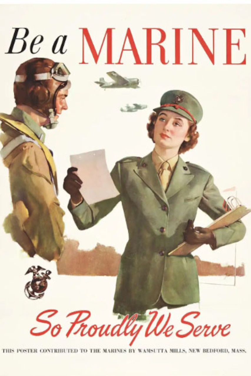 A female Marine hands a piece of paper to a Marine aviator as aircraft buzz overhead.