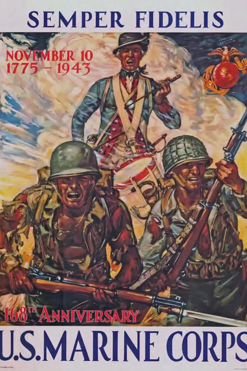 Two Marines in combat uniforms charge forward, while a Marine drummer beats his drum behind them.