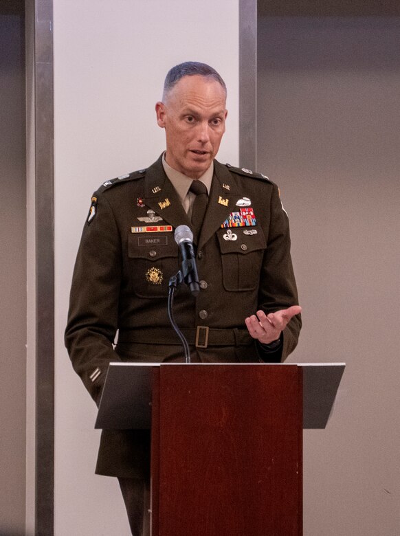 U.S. Army Corps of Engineers Los Angeles District Commander Col. Andrew Baker speaks about the U.S. Army Corps of Engineers' wildfire recovery and debris removal mission during the National Association of Women in Construction Los Angeles Chapter Board of Directors Installation Gala Sept. 16 at the Los Angeles County Fire Museum in Bellflower, California.