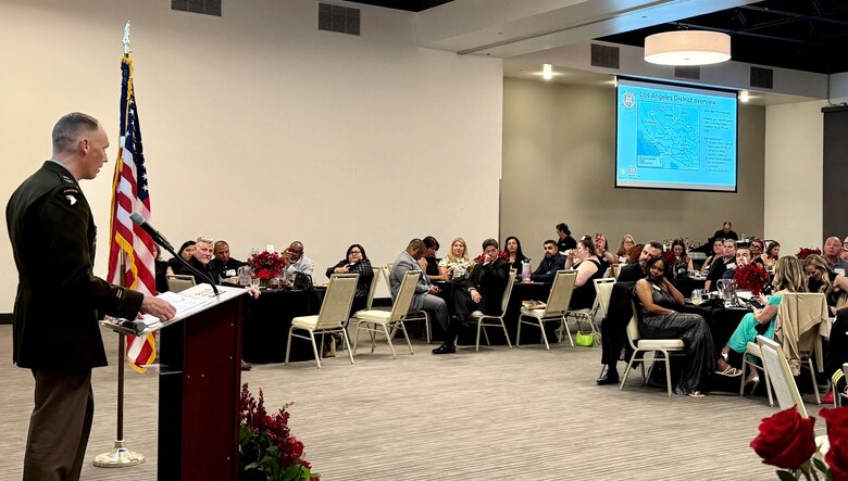 U.S. Army Corps of Engineers Los Angeles District Commander Col. Andrew Baker speaks about the U.S. Army Corps of Engineers' wildfire recovery and debris removal mission during the National Association of Women in Construction Los Angeles Chapter Board of Directors Installation Gala Sept. 16 at the Los Angeles County Fire Museum in Bellflower, California.