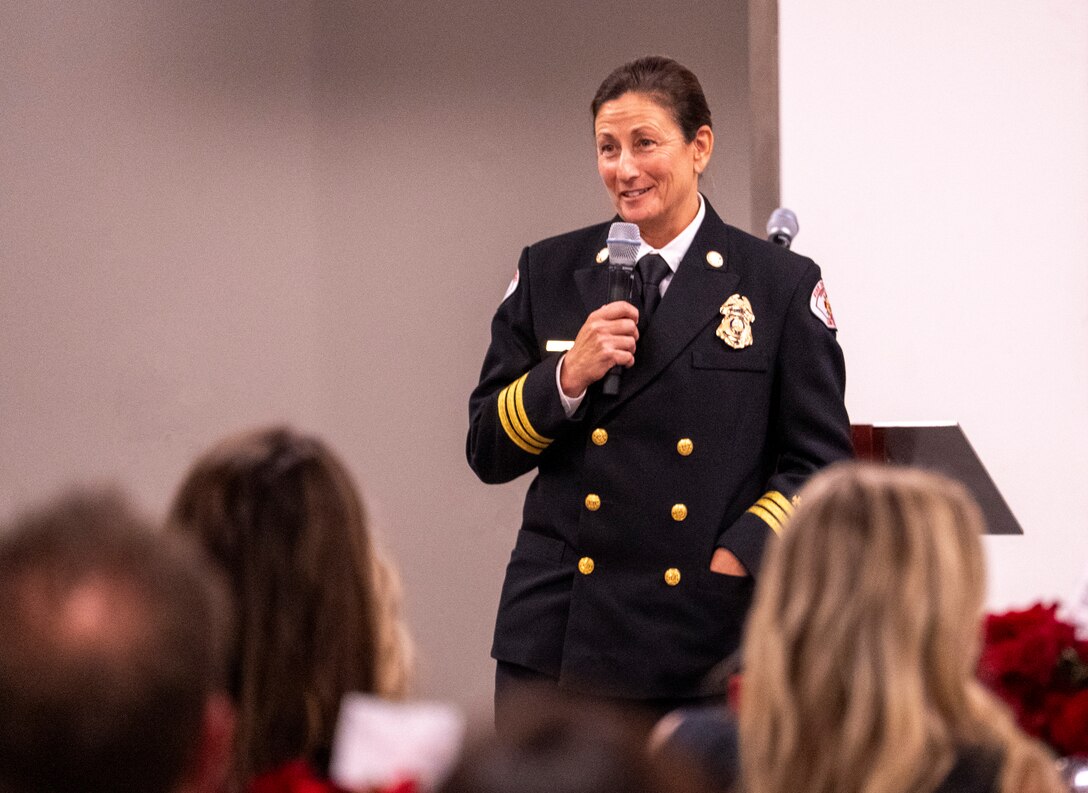 Assistant Fire Chief Karen Rindone of the Long Beach Fire Department delivers the keynote address during the National Association of Women in Construction Los Angeles Chapter’s Board of Directors Installation Gala Sept. 16 at the Los Angeles County Fire Museum.