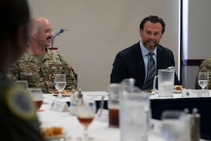 Under Secretary of the Air Force Matt Lohmeier meets with Airmen during a luncheon at Scott Air Force Base, Illinois, Sept. 15, 2025. Lohmeier’s visit allowed U.S. Transportation Command and Air Mobility Command senior leaders along with Airmen the opportunity to highlight how the commands are ready to project, maneuver, and sustain the joint force anytime, anywhere in support of national objectives. (U.S. Air Force photo by Staff Sgt. Dalton Williams)