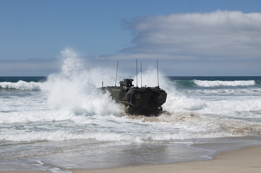 U.S. Marines assigned to 3rd Assault Amphibian Battalion, 1st Marine Division, operate an amphibious combat vehicle during surf transit operations at Marine Corps Base Camp Pendleton, California, Sept. 10, 2025. Surf transit operations are part of the ongoing, extensive ACV training necessary to ensure Marines are trained to safely operate and employ the ACV and AAVR-P7/A1 assault amphibious vehicle. (U.S. Marine Corps photo by Lance Cpl. Stella Tedesco)