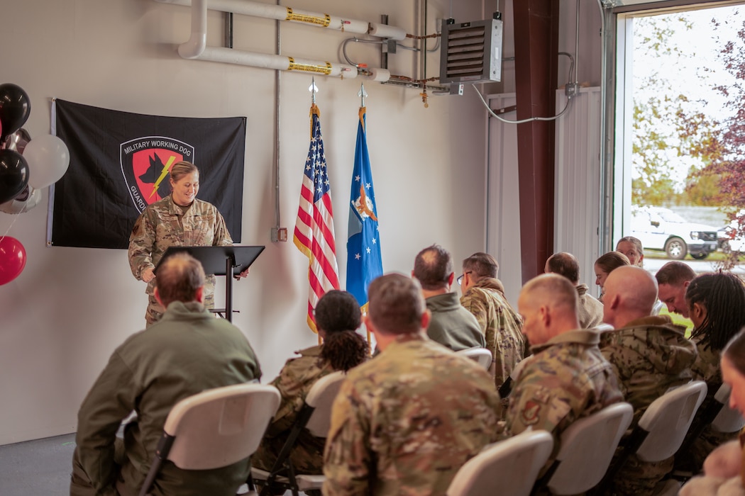 U.S. Air Force Tech. Sgt. Kimberly Roberson, 354th Security Forces Squadron kennel master, gives a speech about the newly renovated facility during a K-9 kennel ribbon cutting ceremony at Eielson Air Force Base, Alaska, Sept. 12, 2025.
