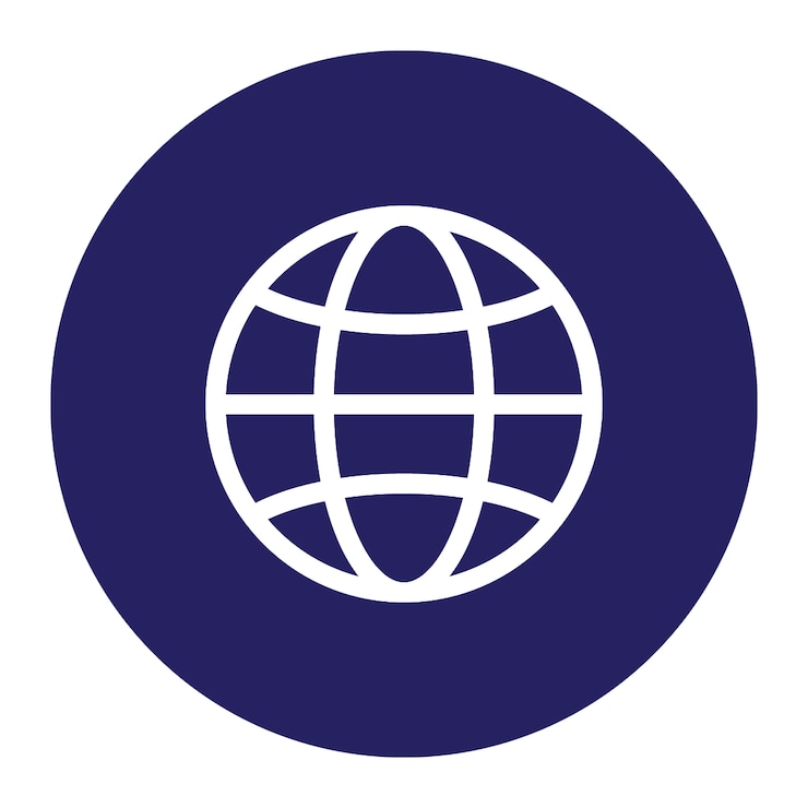 wireframe globe logo in white on a dark blue background
