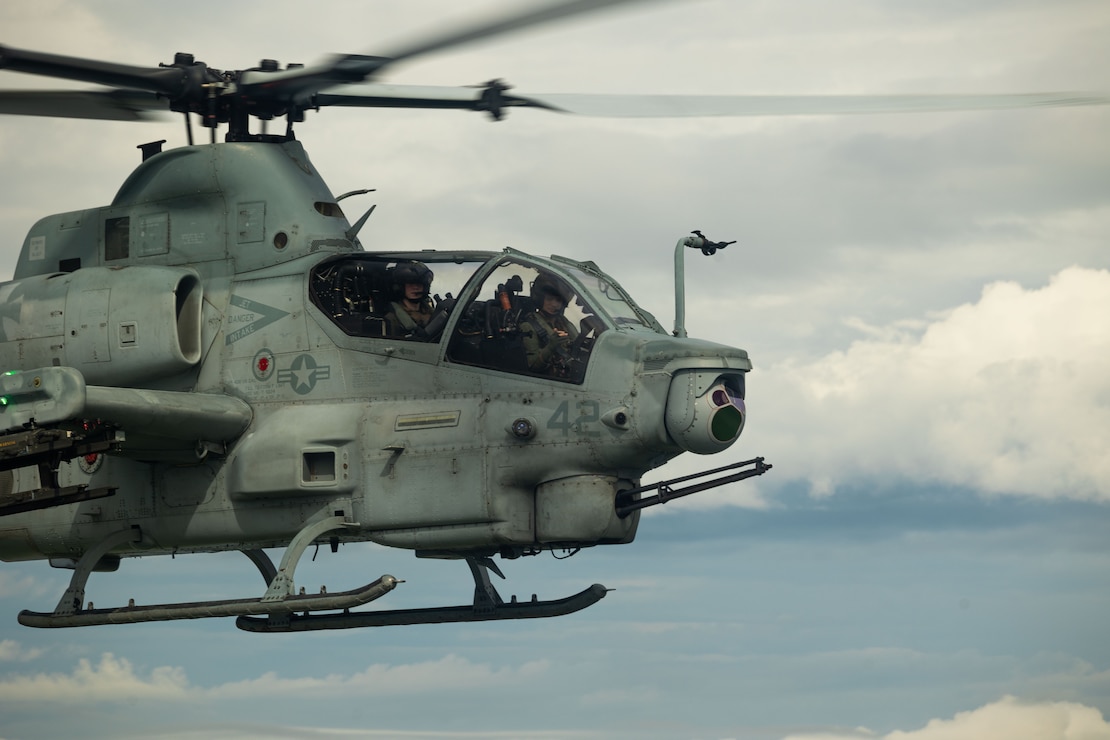 A U.S. Marine Corps AH-1Z Viper attack helicopter with Marine Light Attack Helicopter Squadron 169, Marine Aircraft Group 36, 1st Marine Aircraft Wing flies over Saga Prefecture, Japan, Sept. 12, 2025, during exercise Resolute Dragon 25.