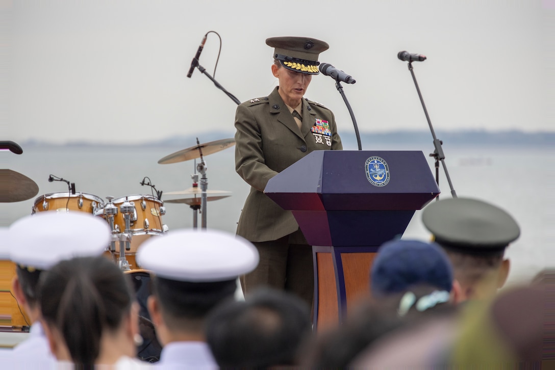 U.S. Marine Corps Maj. Gen. Valerie A. Jackson, commander of U.S. Marine Corps Forces Korea, delivers her remarks during an at-sea cruise aboard the ROKS Marado commemorating the 75th anniversary of the landing at Incheon, in Incheon, South Korea, Sept. 12, 2025. The commemoration honored the strategic success of the landing, which turned the tide of the Korean War, and paid tribute to the sacrifices made by Republic of Korea and United Nations Command Forces. ( U.S. Marine Corps photo by Cpl. Simon Saravia)