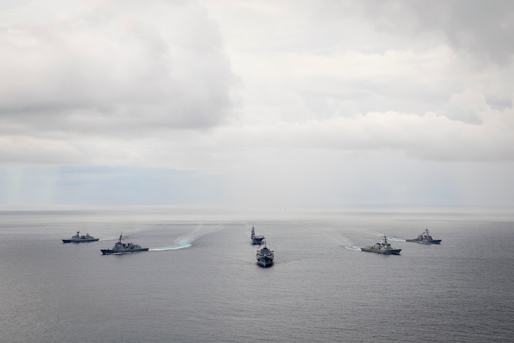 Japan Maritime Self-Defense Force, Republic of Korea Navy, and U.S. Navy ships sail in formation in support of Exercise Freedom Edge 25 in the U.S. 7th Fleet area of operations, Sept. 16, 2025.