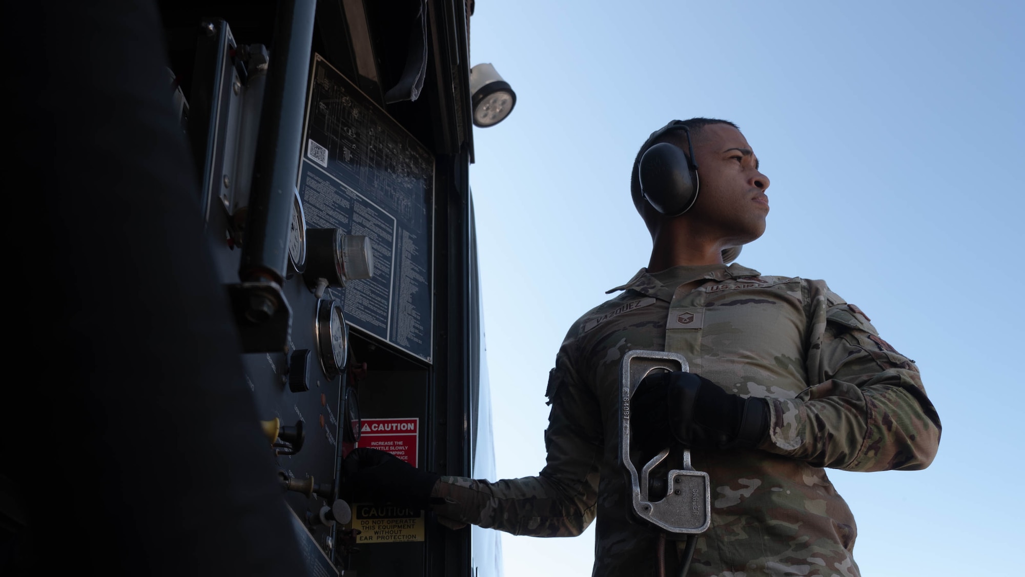 U.S. Air Force Master Sgt. Brandon Vazquez, 325th Logistics Readiness Squadron Petroleum, Oils and Lubricants section chief, prepares to pump fuel