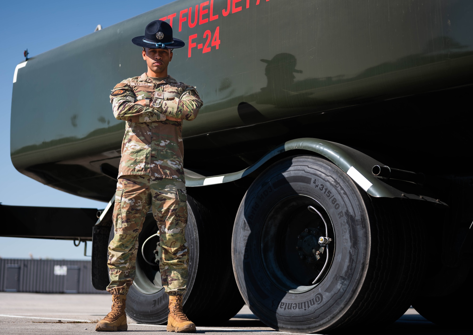 U.S. Air Force Master Sgt. Brandon Vazquez, 325th Logistics Readiness Squadron Petroleum, Oils and Lubricants section chief, poses for a photo