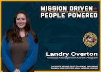 The Naval Medical Forces Development Command is always mission driven and most importantly people powered! Landry Overton, a Financial Management Career Program trainee is currently working with the Health Professionals Scholarship Program team, managing the financial portion of the program for students pursuing health professions in the U.S. Navy. Photo taken and graphic created at Joint Base San Antonio-Fort Sam Houston, Sept. 18, 2025 (U.S. Navy graphic by Malcolm McClendon).