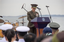 U.S. Marine Corps Maj. Gen. Valerie A. Jackson, commander of U.S. Marine Corps Forces Korea, delivers her remarks during an at-sea cruise aboard the ROKS Marado commemorating the 75th anniversary of the landing at Incheon, in Incheon, South Korea, Sept. 12, 2025. The commemoration honored the strategic success of the landing, which turned the tide of the Korean War, and paid tribute to the sacrifices made by Republic of Korea and United Nations Command Forces. ( U.S. Marine Corps photo by Cpl. Simon Saravia)