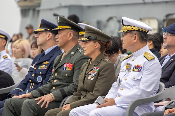U.S. Marine Corps Maj. Gen. Valerie A. Jackson, commander of U.S. Marine Corps Forces Korea, sits alongside Republic of Korea Navy Adm. Kang Dong Gil, ROK Chief of Naval Operations, and Brig. Gen. Kim Soo-yong, operations deputy division commander of 2nd ROK Marine Division, during an at-sea cruise aboard the ROKS Marado commemorating the 75th anniversary of the landing at Incheon, in Incheon, South Korea, Sept. 12, 2025. The commemoration honored the strategic success of the landing, which turned the tide of the Korean War, and paid tribute to the sacrifices made by Republic of Korea and United Nations Command Forces. ( U.S. Marine Corps photo by Cpl. Simon Saravia)