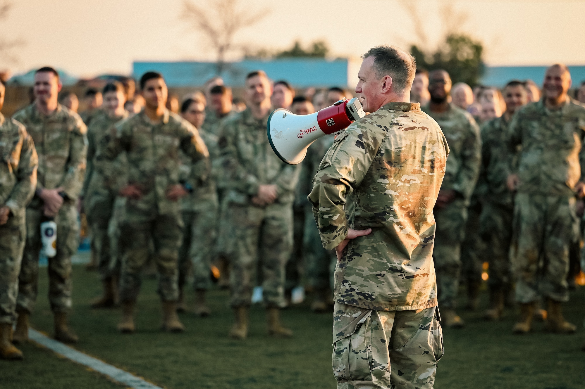 Space Base Delta 2 commander speaks to Guardians and Airmen before a base-wide physical training