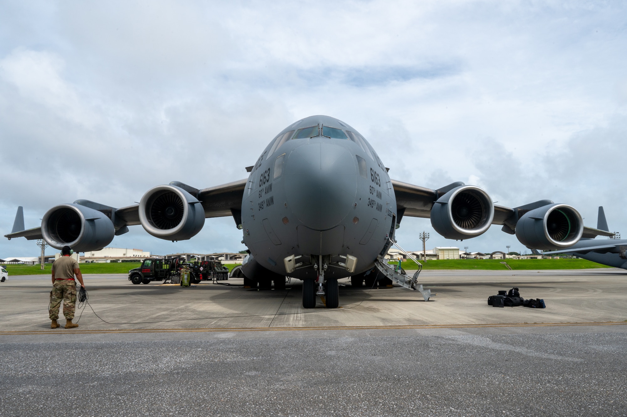 An aircraft is parked in the flightline.