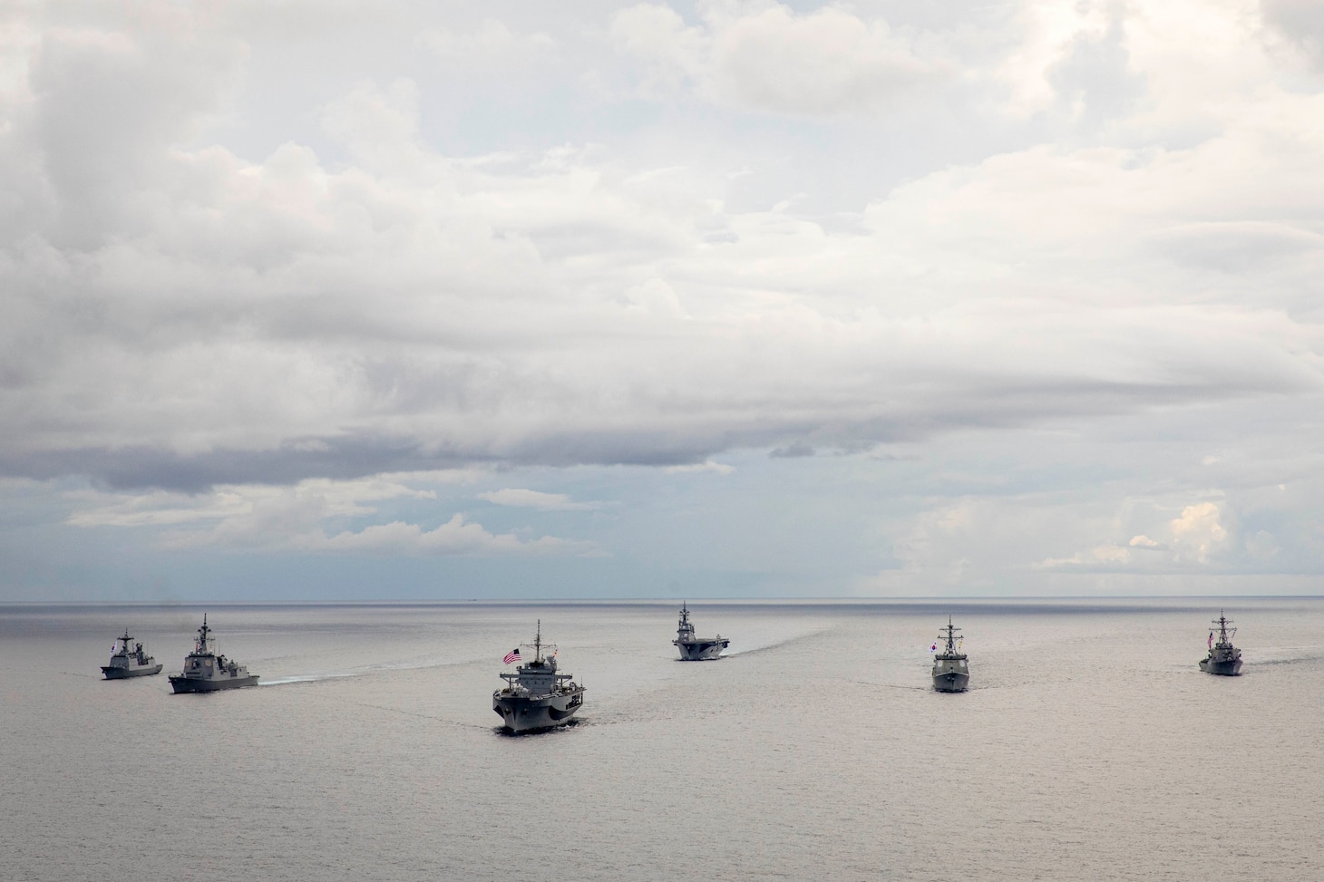 250916-N-SF508-1440 U.S. 7TH FLEET AREA OF OPERATIONS (Sept. 16, 2025) – Japan Maritime Self-Defense Force, Republic of Korea Navy, and U.S. Navy ships sail in formation in support of Exercise Freedom Edge 25 in the U.S. 7th Fleet area of operations, Sept. 16, 2025. Trilateral exercises like Freedom Edge demonstrate our shared commitment to achieve and maintain peace in the Asia-Pacific. U.S. 7th Fleet, the U.S. Navy's largest forward-deployed numbered fleet, routinely interacts and operates with allies and partners in preserving a free and open Indo-Pacific region. (U.S. Navy photo by Mass Communication Specialist 1st Class Charles Oki)