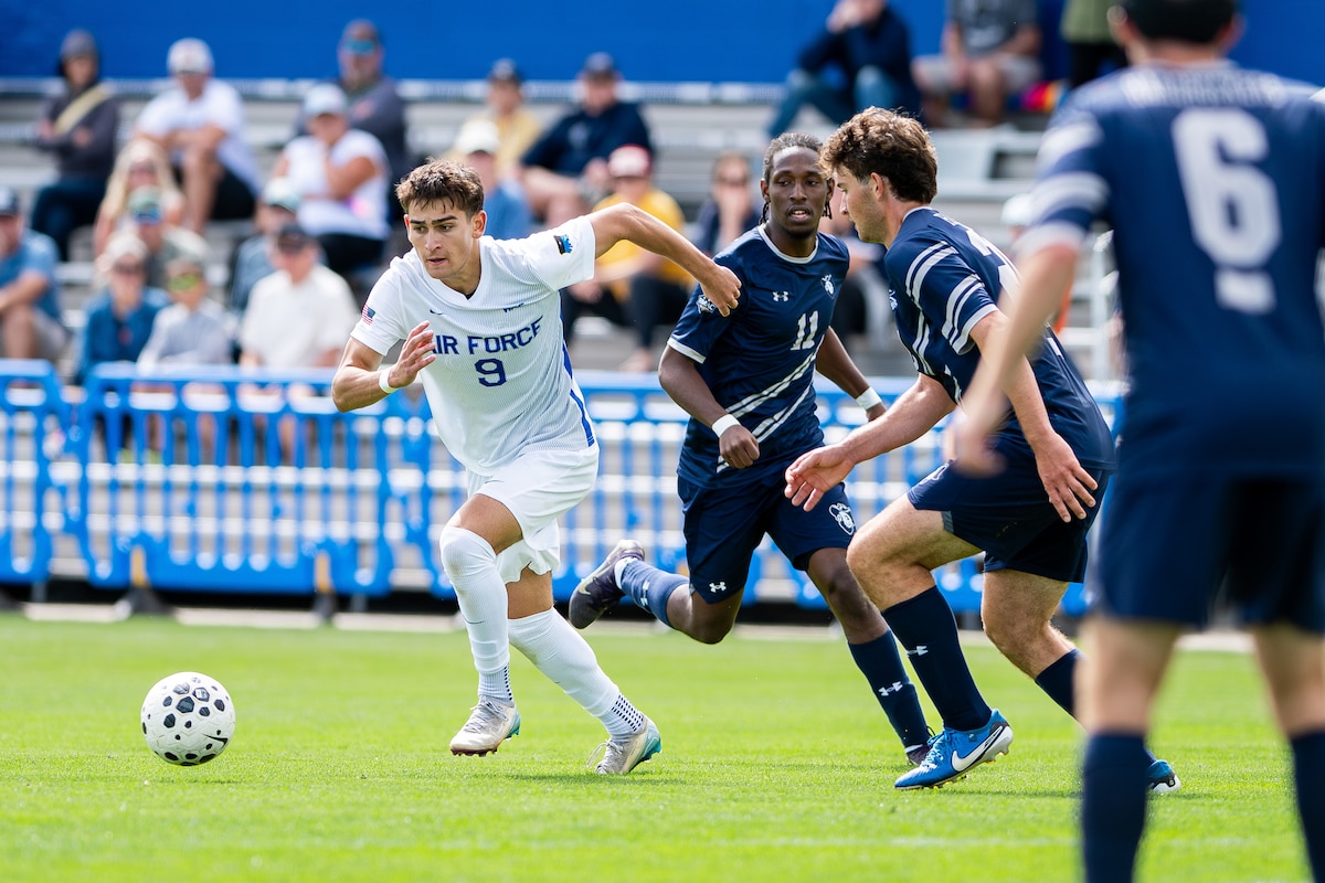 Air Force’s Attila Toth dribbles the ball during a home game against South Dakota Mines at the Academy’s Cadet Soccer Stadium in Colorado Springs, Colo., Sept. 14, 2025. Air Force went on to tie South Dakota Mines 1-1. (U.S. Air Force photo by Dylan Smith)