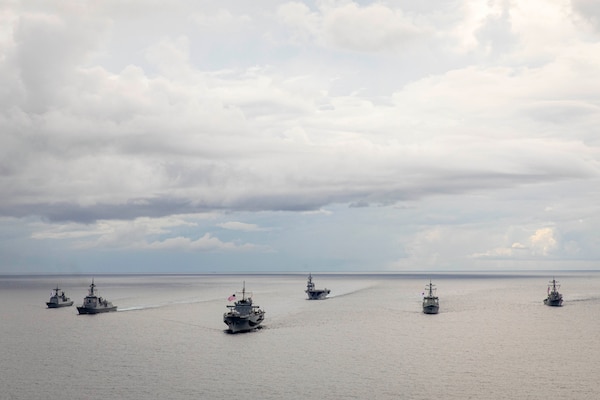 250916-N-SF508-1440 U.S. 7TH FLEET AREA OF OPERATIONS (Sept. 16, 2025) – Japan Maritime Self-Defense Force, Republic of Korea Navy, and U.S. Navy ships sail in formation in support of Exercise Freedom Edge 25 in the U.S. 7th Fleet area of operations, Sept. 16, 2025. Trilateral exercises like Freedom Edge demonstrate our shared commitment to achieve and maintain peace in the Asia-Pacific. U.S. 7th Fleet, the U.S. Navy's largest forward-deployed numbered fleet, routinely interacts and operates with allies and partners in preserving a free and open Indo-Pacific region. (U.S. Navy photo by Mass Communication Specialist 1st Class Charles Oki)