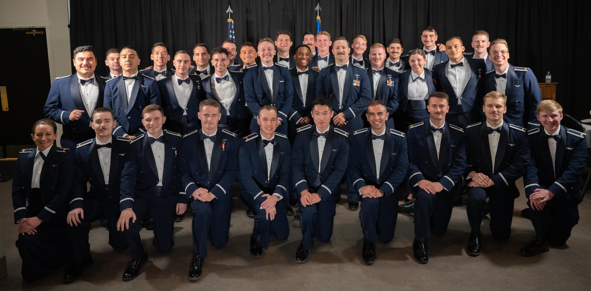 U.S. Air Force Airmen from graduating Class 25-15 pose for a photo at Laughlin Air Force Base, Texas, Sept. 18, 2025. Thirty-four U.S. Air Force officers were awarded silver wings during the ceremony, symbolizing their completion of the Undergraduate Pilot Training program. (U.S. Air Force photo by Airman 1st Class Harrison Sullivan)