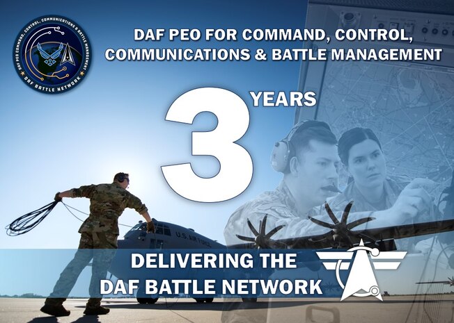 ARLINGTON, Va. (Sept. 19, 2025) – The Department of the Air Force Program Executive Office for Command, Control, Communications and Battle Management is commemorating its third anniversary today, Sept. 19, 2025. C3BM’s work will continue to be foundational to future air and space operations, prioritizing resilient and adaptable networking of the DAF BATTLE NETWORK to achieve decision advantage in the modern battlespace. (Official Air Force Graphic by Morgan Brown).