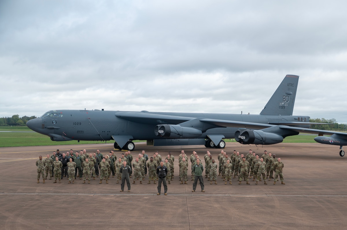 U.S. Air Force Airmen, assigned to the 307th Bomb Wing, Barksdale, Louisiana, stand in formation during Exercise Cobra Warrior 25-2 at RAF Fairford, England, Sept. 12, 2025. CW 25-2 provides U.S. forces an opportunity to train alongside NATO Allies and partners in a complex, multinational environment. (U.S. Air Force photo by Staff Sgt. Tambri Cason)