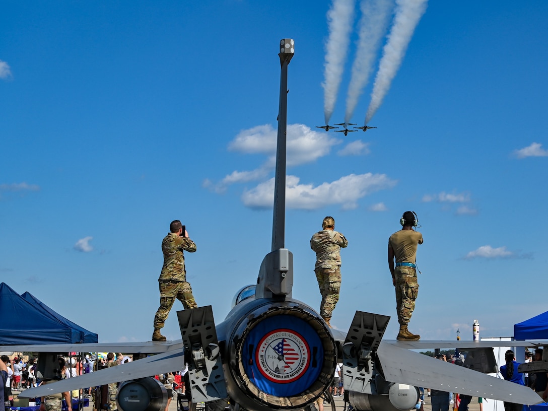 The U.S. Air Force Thunderbirds demonstration team performs during the 2025 Joint Base Andrews Air Show.