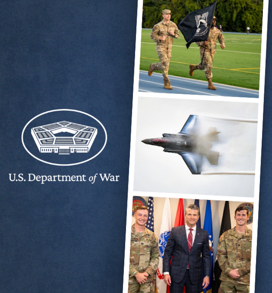 In a graphic, the Department of War sign is seen on a column on the left. On the right, three photos appear. One of service members running on a track, one of an aircraft fly and the other of two service members posing with the secretary of war.