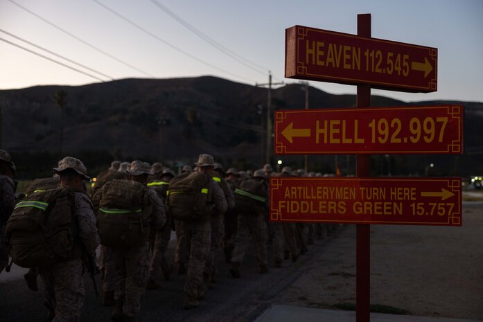 U.S. Marines assigned to 2nd Battalion, 11th Marine Regiment, 1st Marine Division, participate in the Sept. 11 Memorial Hike at Marine Corps Base Camp Pendleton, California, Sept. 11, 2025. Marines with 2nd Bn., 11th Marines, paid tribute and remembrance to the victims of Sept. 11, 2001, by conducting an 11 km hike. (U.S. Marine Corps photo by Cpl. Sawyer Carleton)