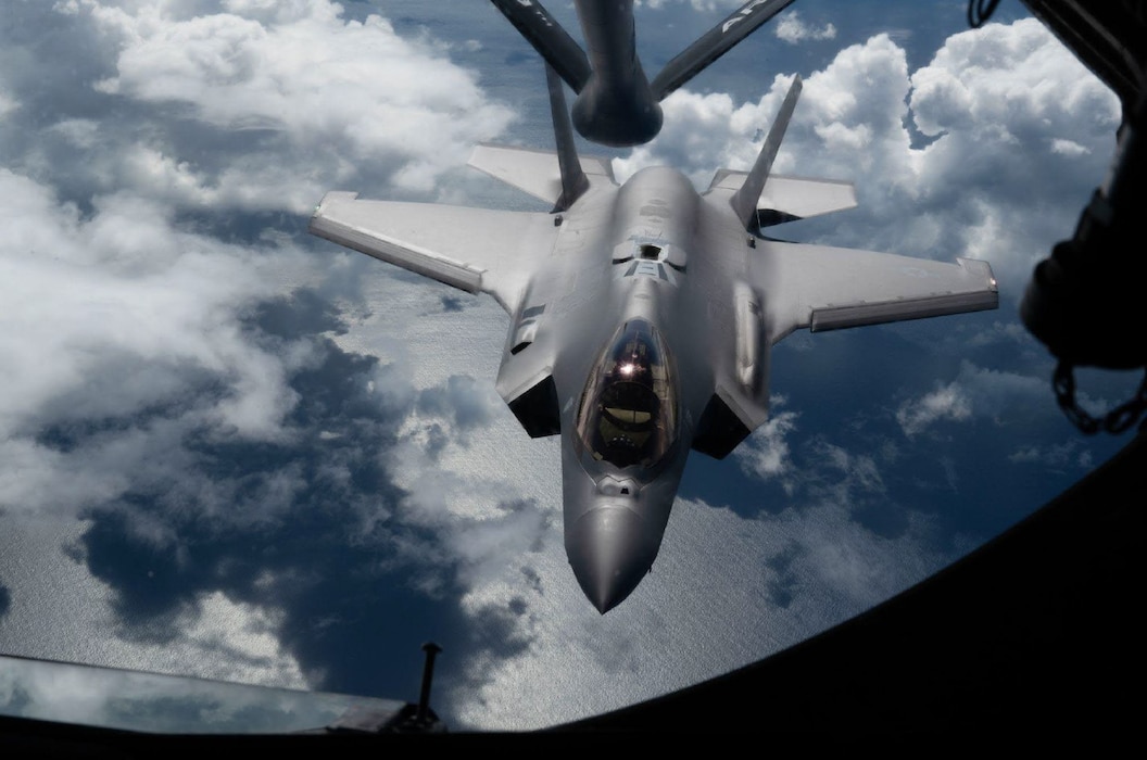 A U.S. Air Force F-35A Lightning II assigned to the 355th Expeditionary Fighter Squadron, departs after receiving fuel from a KC-135 Stratotanker assigned to the 909th Air Refueling Squadron, during Freedom Edge 25 over the Pacific Ocean, Sept. 16, 2025.