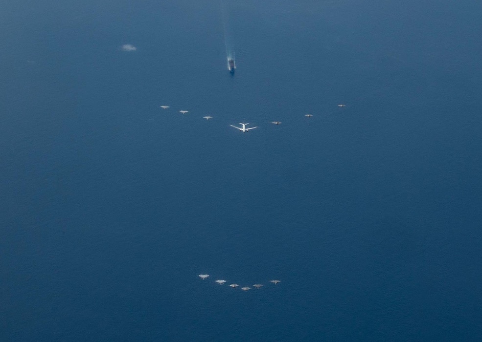 U.S. Air Force, U.S. Navy, Japan Air Self-Defense Force, and Republic of Korea Armed Forces aircraft fly in formation during Freedom Edge 25 over the Pacific Ocean, Sept. 16, 2025.