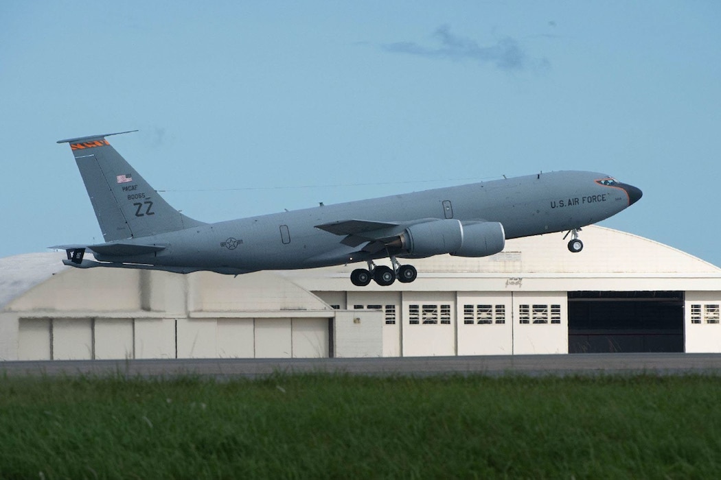 A U.S. Air Force KC-135 Stratotanker assigned to the 909th Aerial Refueling Squadron takes off in support of Freedom Edge 25 at Kadena Air Base, Japan, Sept. 16, 2025.