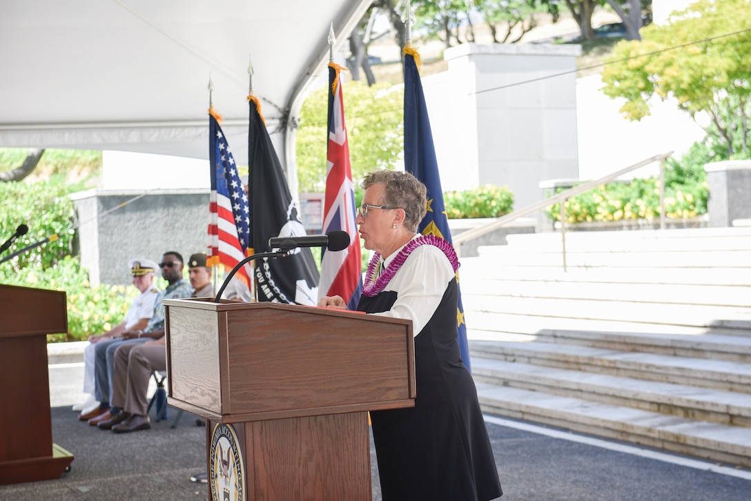 Natalie Rauch, Gold Star daughter, speaks at the National POW/MIA Recognition Day Ceremony hosted by DPAA at the National Memorial Cemetery of the Pacific, Honolulu, Hawaii, Sept. 19, 2025.