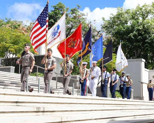 Members of the U.S. Indo-Pacific Joint Service Color Guard posts colors during the National POW/MIA Recognition Day Ceremony hosted by the Defense POW/MIA Accounting Agency at National Memorial Cemetery of the Pacific, Honolulu, Hawaii, Sept. 19, 2025.