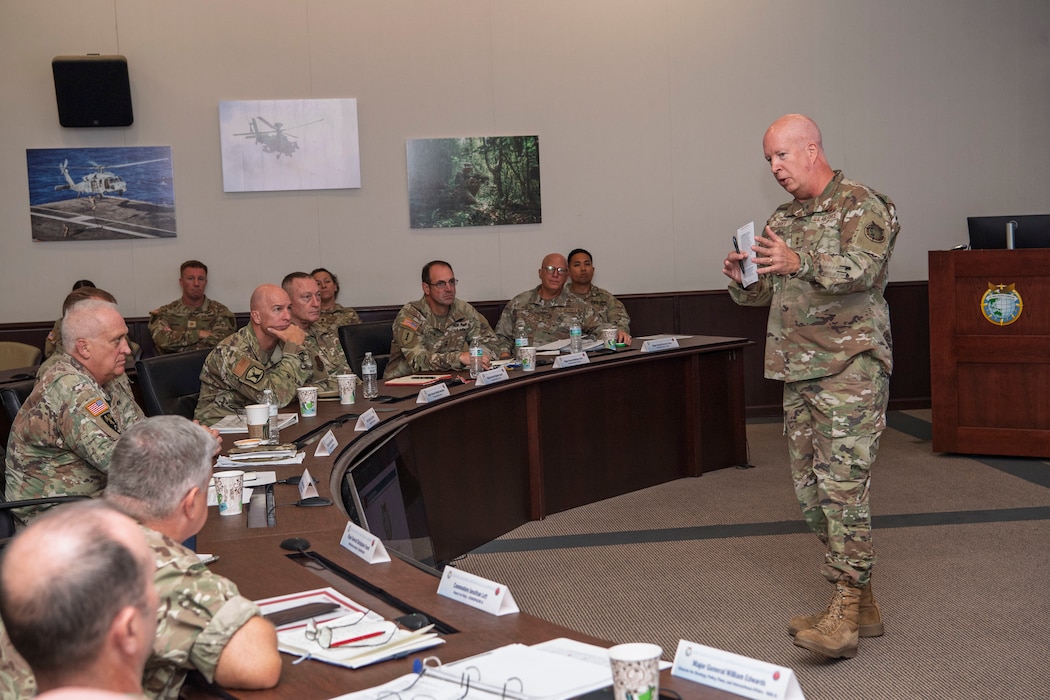 U.S. Air Force Maj. Gen. Joel Carey, chief of staff for U.S. Indo-Pacific Command, provides closing remarks at the 2025 State Partnership Program Senior Leader Forum at U.S. Indo-Pacific Command headquarters on Camp H.M. Smith, Hawaii, Sept. 19, 2025. SPP is a Department of War security cooperation program managed by the Chief of the National Guard Bureau and executed by U.S. Indo-Pacific Command, directing the National Guard of the States and Territories to maintain 17 partnerships with nine states and one territory, supported by 12 Guardsmen serving as bilateral affairs officers in regional embassies. USINDOPACOM is committed to enhancing stability in the Indo-Pacific region by promoting security cooperation, encouraging peaceful development, responding to contingencies, deterring aggression and, when necessary, prevailing in conflict. (U.S. Army photo by Sgt. Austin Riel)