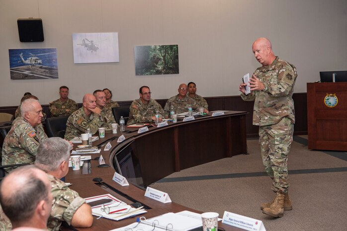 U.S. Air Force Maj. Gen. Joel Carey, chief of staff for U.S. Indo-Pacific Command, provides closing remarks at the 2025 State Partnership Program Senior Leader Forum at U.S. Indo-Pacific Command headquarters on Camp H.M. Smith, Hawaii, Sept. 19, 2025. SPP is a Department of War security cooperation program managed by the Chief of the National Guard Bureau and executed by U.S. Indo-Pacific Command, directing the National Guard of the States and Territories to maintain 17 partnerships with nine states and one territory, supported by 12 Guardsmen serving as bilateral affairs officers in regional embassies. USINDOPACOM is committed to enhancing stability in the Indo-Pacific region by promoting security cooperation, encouraging peaceful development, responding to contingencies, deterring aggression and, when necessary, prevailing in conflict. (U.S. Army photo by Sgt. Austin Riel)