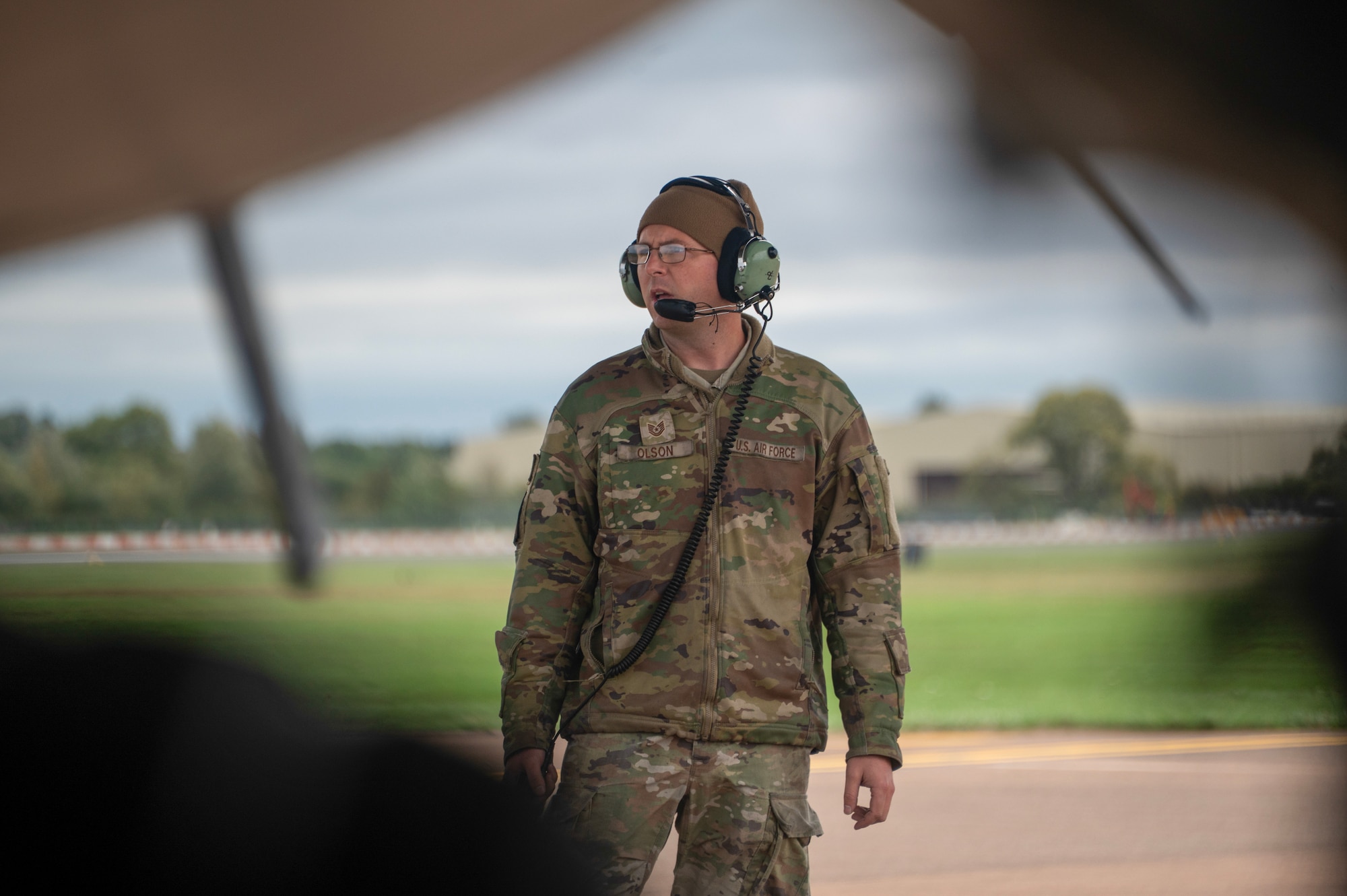 U.S. Air Force Tech. Sgt. Alexzander Olson, a crew chief assigned to the 307th Bomb Wing, Barksdale Air Force Base, Louisiana, inspects a B-52H Stratofortress aircraft during Exercise Cobra Warrior 25-2 at RAF Fairford, England, Sept. 18, 2025. The exercise provides U.S. forces an opportunity to train alongside NATO Allies and partners in a complex, multinational environment. (U.S. Air Force photo by Staff Sgt. Tambri Cason)