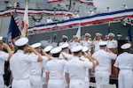 YOKOSUKA, Japan (Sept. 12, 2025) Members of the official party and Sailors assigned to the Arleigh Burke-class guided-missile destroyer USS McCampbell (DDG 85) salute the colors during a change of command ceremony at Commander, Fleet Activities Yokosuka, Japan, Sept. 12, 2025. McCampbell is assigned to the George Washington Carrier Strike Group (GWA CSG), forward deployed to the U.S. 7th Fleet area of operations. George Washington is the U.S. Navy’s premier forward-deployed aircraft carrier, a long-standing symbol of the United States’ commitment to maintaining a free and open Indo-Pacific region, while operating alongside allies and partners across the U.S. Navy’s largest numbered fleet. (U.S. Navy photo by Mass Communication Specialist 1st Class Taylor DiMartino)