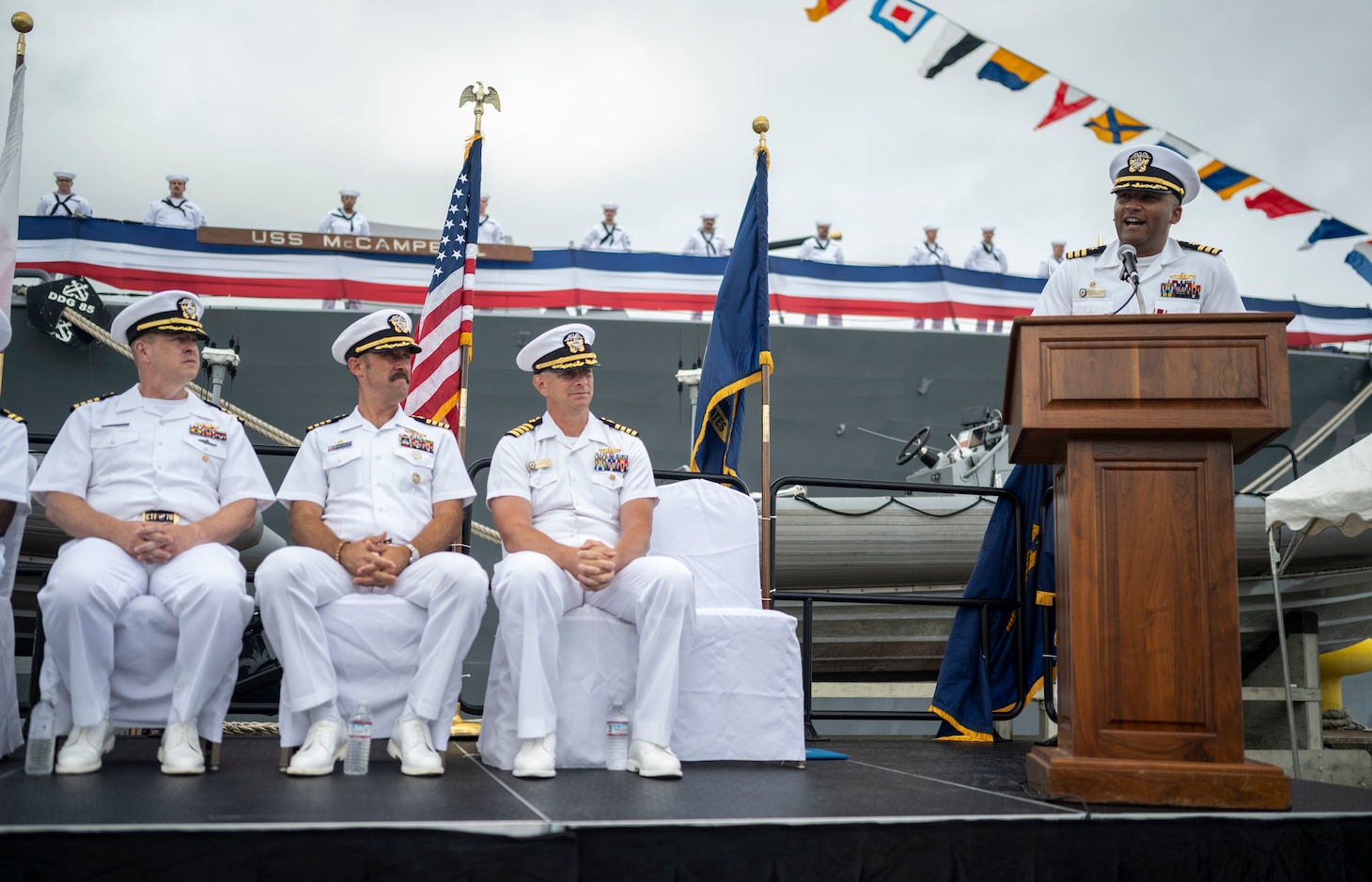 YOKOSUKA, Japan (Sept. 12, 2025) Cmdr. Jordan Stutzman, off-going commanding officer of the Arleigh Burke-class guided-missile destroyer USS McCampbell (DDG 85), right, delivers remarks during a change of command ceremony at Commander, Fleet Activities Yokosuka, Japan, Sept. 12, 2025. McCampbell is assigned to the George Washington Carrier Strike Group (GWA CSG), forward deployed to the U.S. 7th Fleet area of operations. George Washington is the U.S. Navy’s premier forward-deployed aircraft carrier, a long-standing symbol of the United States’ commitment to maintaining a free and open Indo-Pacific region, while operating alongside allies and partners across the U.S. Navy’s largest numbered fleet. (U.S. Navy photo by Mass Communication Specialist 1st Class Taylor DiMartino)