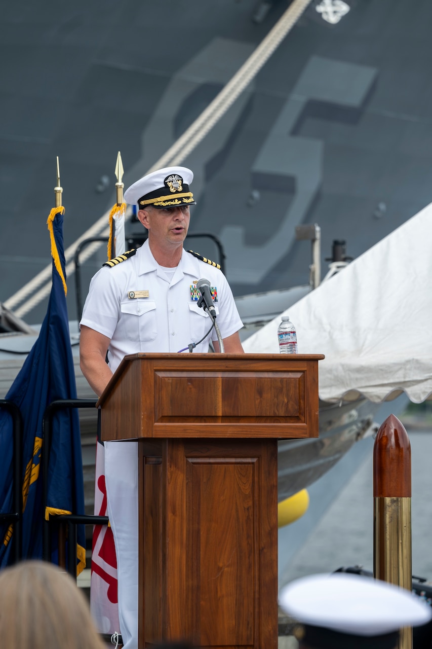 YOKOSUKA, Japan (Sept. 12, 2025) Capt. Micah Sybor, commanding officer of the Arleigh Burke-class guided-missile destroyer USS McCampbell (DDG 85) delivers remarks after assuming command during a change of command ceremony at Commander, Fleet Activities Yokosuka, Japan, Sept. 12, 2025. McCampbell is assigned to the George Washington Carrier Strike Group (GWA CSG), forward deployed to the U.S. 7th Fleet area of operations. George Washington is the U.S. Navy’s premier forward-deployed aircraft carrier, a long-standing symbol of the United States’ commitment to maintaining a free and open Indo-Pacific region, while operating alongside allies and partners across the U.S. Navy’s largest numbered fleet. (U.S. Navy photo by Mass Communication Specialist 1st Class Taylor DiMartino)