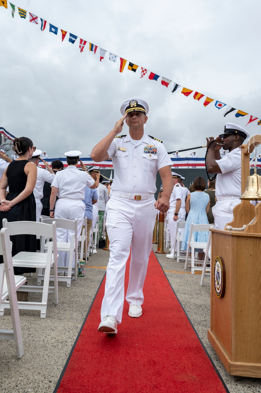 YOKOSUKA, Japan (Sept. 12, 2025) Capt. Micah Sybor, commanding officer of the Arleigh Burke-class guided-missile destroyer USS McCampbell (DDG 85) is rung ashore after assuming command during a change of command ceremony at Commander, Fleet Activities Yokosuka, Japan, Sept. 12, 2025. McCampbell is assigned to the George Washington Carrier Strike Group (GWA CSG), forward deployed to the U.S. 7th Fleet area of operations. George Washington is the U.S. Navy’s premier forward-deployed aircraft carrier, a long-standing symbol of the United States’ commitment to maintaining a free and open Indo-Pacific region, while operating alongside allies and partners across the U.S. Navy’s largest numbered fleet. (U.S. Navy photo by Mass Communication Specialist 1st Class Taylor DiMartino)