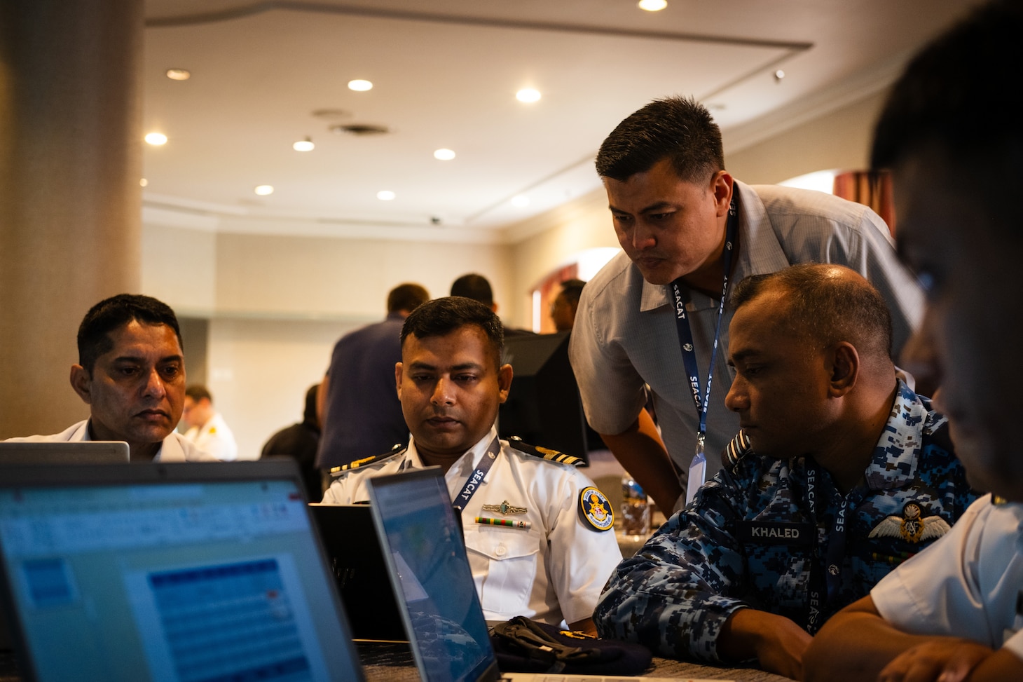 SINGAPORE (Aug. 5, 2025) Attendees from the Bangladesh Coast Guard participate in a sea vision training exercise during Southeast Asia Cooperation and Training (SEACAT) in Singapore, Aug. 5, 2025. SEACAT is a multilateral, multi-platform exercise including ashore and at-sea training evolutions emphasizing real-world engagements to enhance cooperation and maritime security capabilities in the Indo-Pacific. (U.S. Navy Photo by Mass Communications Specialist 2nd Class Jordan Jennings)