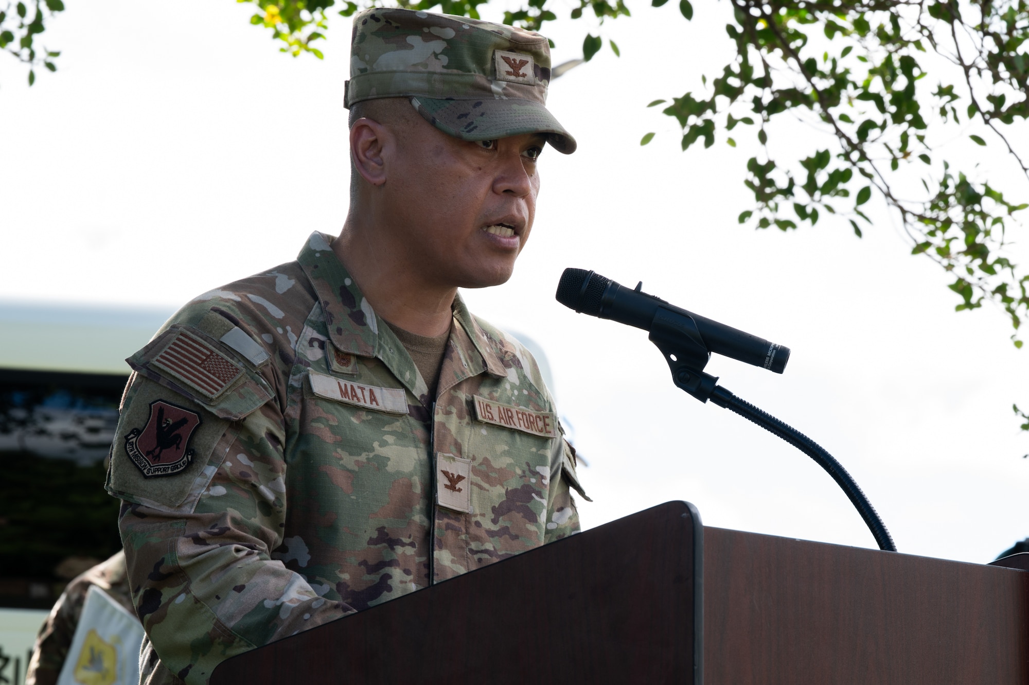 Col. Robinson Mata gives remarks following a tsunami evacuation exercise.