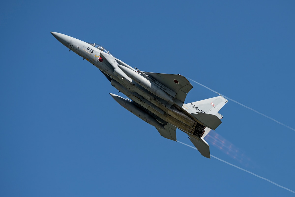 A Japan Air Self Defense Force F-15E Strike Eagle performs a demonstration during Air Fest 2025 at Misawa Air Base, Japan, Sept. 21, 2025.