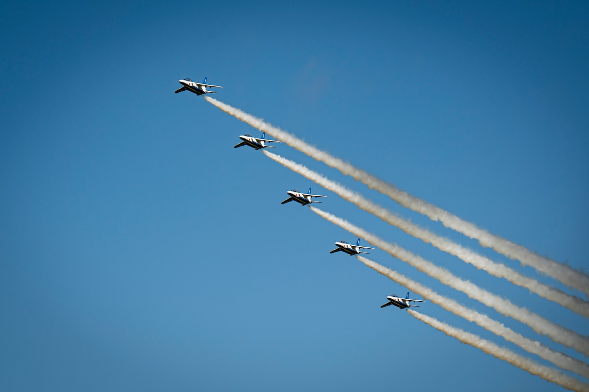 Japan Air Self Defense Force’s Blue Impulse performs an aerobatic demonstration during Air Fest 2025 at Misawa Air Base, Japan, Sept. 21, 2025.