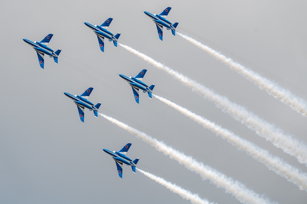 Japan Air Self-Defense Force’ Blue Impulse demonstration team perform an aerobatic display during Air Fest 2025 at Misawa Air Base, Japan, Sept. 21, 2025.