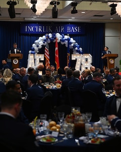 military members at the air force ball in their dress uniform