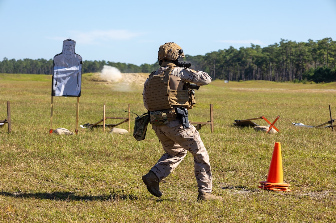 Sargento Primero Anxo Pita Lopez, a marine with Infantería de Marina (Spanish marine corps) maneuvers towards a target during a multinational kinetic range as part of exercise UNITAS 2025 at Marine Corps Base Camp Lejeune, North Carolina, Sept. 20, 2025. UNITAS, which is Latin for “unity,” was conceived in 1959 and has taken place annually since first conducted in 1960. This marks the 66th iteration of the world’s longest running annual multinational maritime exercise. (U.S. Marine Corps photo by Lance Cpl. Jack Labrador)