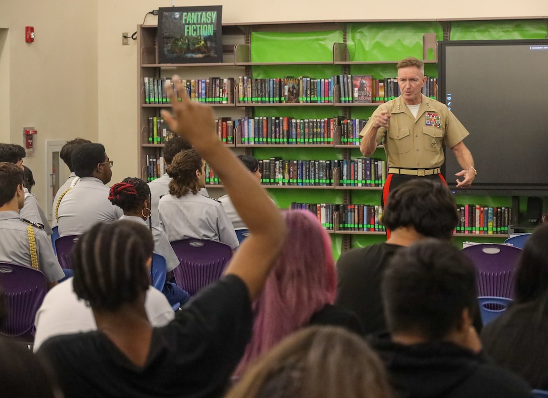 U.S. Marine Corps Lt. Gen. William J. Bowers, Deputy Commandant for Manpower and Reserve Affairs, speaks to students at Hillsborough High School at Tampa, Florida, Sept. 15, 2025. While in Tampa, he honored Medal of Honor recipient 1st Lt. Baldomero Lopez by visiting James A. Haley Veterans’ Hospital, the Lt. Baldomero Lopez State Veterans’ Nursing Home, Hillsborough High School, Lopez’s gravesite, and the Centro Asturiano Clubhouse during the 75th anniversary of the Battle of Incheon. (U.S. Marine Corps photo by Cpl. Christopher Zincke)
